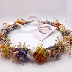 Corona nuziale di fiori selvatici polverosi, viola, bianchi e gialli, ortensia, corona di fiori, corona di fiori selvatici di gypsophila, veri fiori secchi,