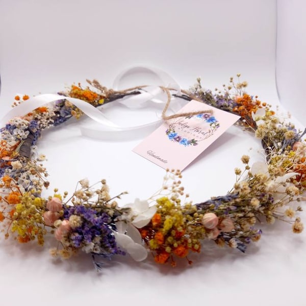 Dusty pretty wildflower bridal crown, purple, white and yellow, hydrangea, flower Crown, Baby's Breath Wildflower Crown, Real Dried Flowers,