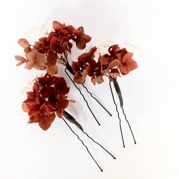 Dark Rust / Terracotta wedding hair pins/ Fall Autumn hair pins/ Boho Burnt - Orange dried flower hair pins/ Rustic Bridal hair accessorises