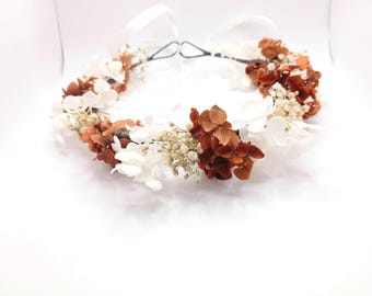 Real Dried burnt orange, Baby's Breath Crown, Orange Hydrangea Crown, Flower Crown Wreath, Flower Girl, rust orange flower crown, buttonaire