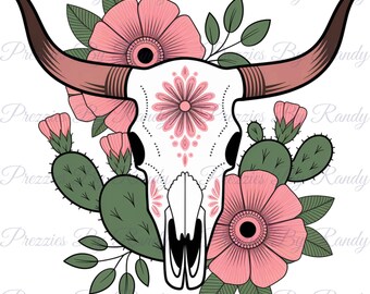 Boho Cow Skull Floral PNG: Western Desert Clipart (Digital Download