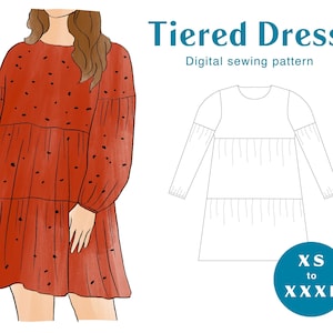 Sleeved Dress Sewing Pattern - XS-XXXL - PDF Instant Download - Sleeved Tiered Ruffle Gathered Women&#39;s Dress