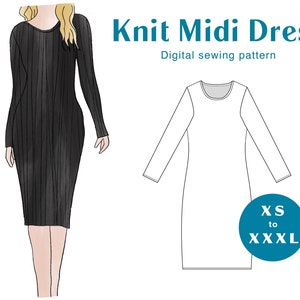 Midi Dress Sewing Pattern - XS-XXXL - PDF Instant Download - Knit Fitted Sleeved Women&#39;s Stretch Dress