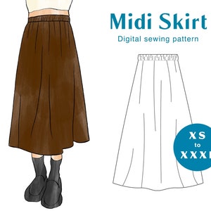 Skirt Sewing Pattern - XS-XXXL - PDF Instant Download - Women's Elastic Waistband Midi Skirt