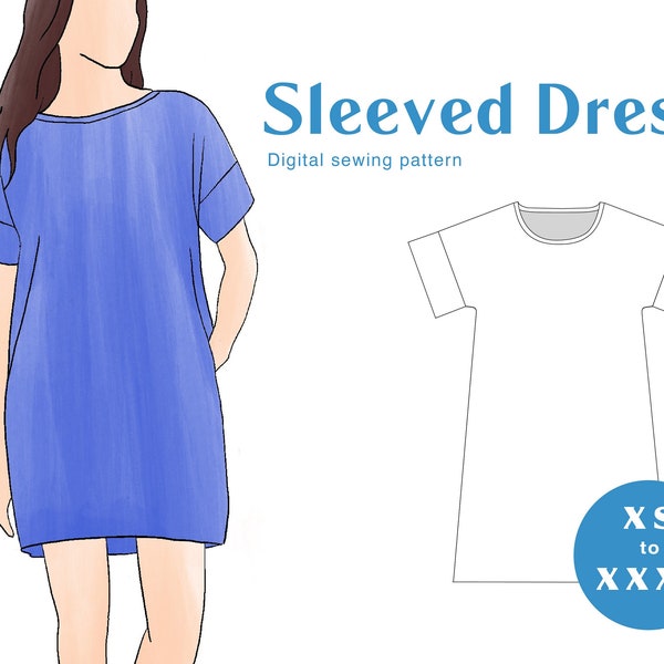 Sleeved Dress Sewing Pattern - XS-XXXL - PDF Instant Download - Short Sleeve Women's Smock Dress Dropped Shoulder