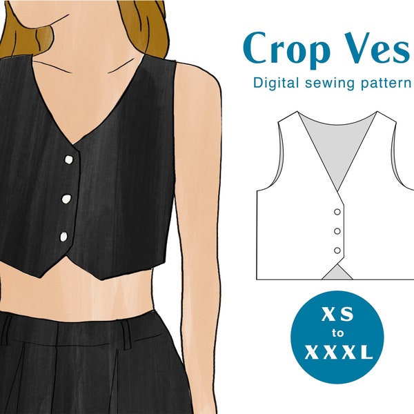 Cropped Vest Sewing Pattern - XS-XXXL - PDF Instant Download - Women's Waistcoat Trendy Top Vest Button Crop Top