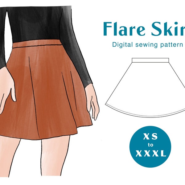 Skirt Sewing Pattern - XS-XXXL - PDF Instant Download - Women's Elastic Waistband Skater Skirt Flare