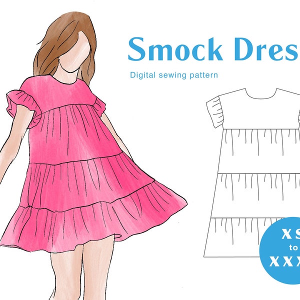 Smock Dress Sewing Pattern - XS-XXXL - PDF Instant Download - Short Sleeve Frill Gathered Women's Dress