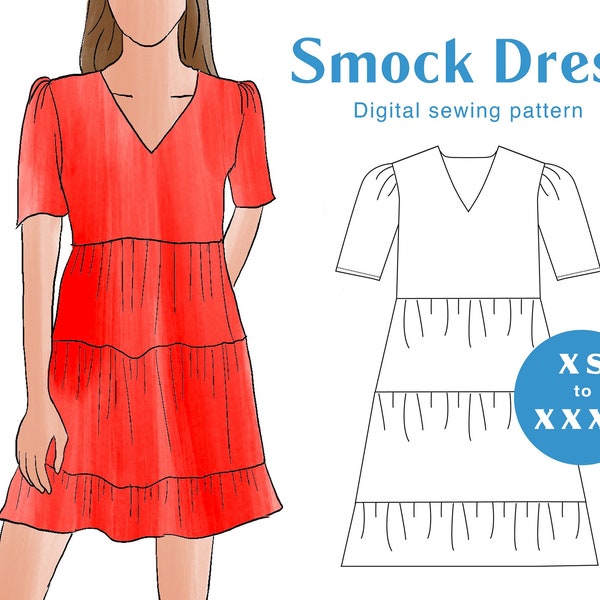 Smock Dress Sewing Pattern - XS-XXXL - PDF Instant Download - Puff Sleeve Gathered Women's Dress