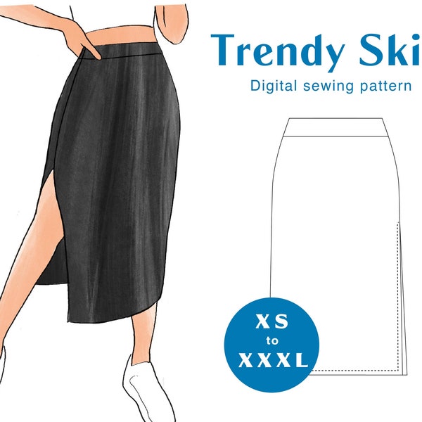 Skirt Sewing Pattern - XS-XXXL - PDF Instant Download - Women's Knit Elastic Waistband Midi Skirt