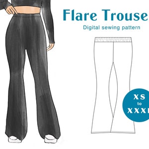 フレア トラウザー ソーイング パターン - XS-XXXL - PDF インスタント ダウンロード - フィット ハイライズ パンツ フレア レッグ