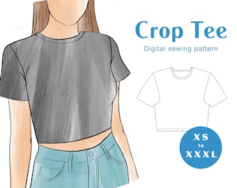 Crop Tee Sewing Pattern - XS-XXXL - PDF Instant Download - Fitted T-shirt Women's Crop Top