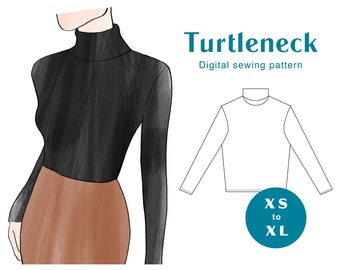 Turtleneck Sewing Pattern - XS-XL - PDF Instant Download - Knit Fitted Women's Top Sleeved