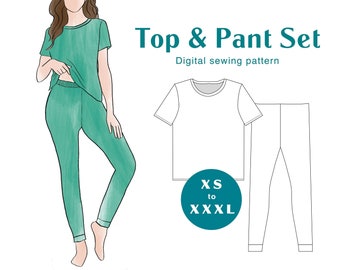 Ensemble Tenue de Nuit Patron de Couture - XS-XXXL - Téléchargement instantané PDF - Legging Taille Haute Ajusté - T-Shirt Classique Femme - Loungewear