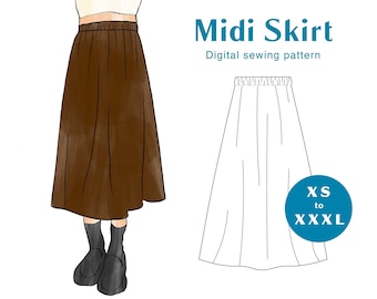 Skirt Sewing Pattern - XS-XXXL - PDF Instant Download - Women's Elastic Waistband Midi Skirt