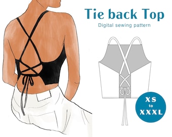 Open Back Tie Top Sewing Pattern - XS-XXXL - PDF Instant Download - Fitted Cami Women&#39;s Crop Top