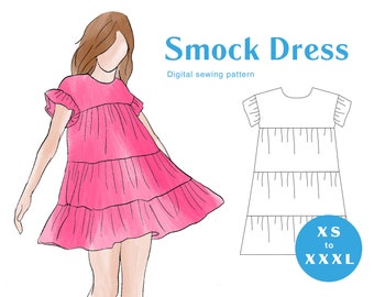 Smock Dress Sewing Pattern - XS-XXXL - PDF Instant Download - Short Sleeve Frill Gathered Women&#39;s Dress
