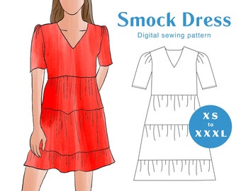 Smock Dress Sewing Pattern - XS-XXXL - PDF Instant Download - Puff Sleeve Gathered Women's Dress