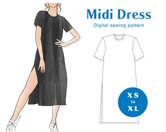 T-Shirt Dress Sewing Pattern - XS-XL - PDF Instant Download - Women&#39;s Loose Boxy T-shirt Midi Dress | Side Slit Dress