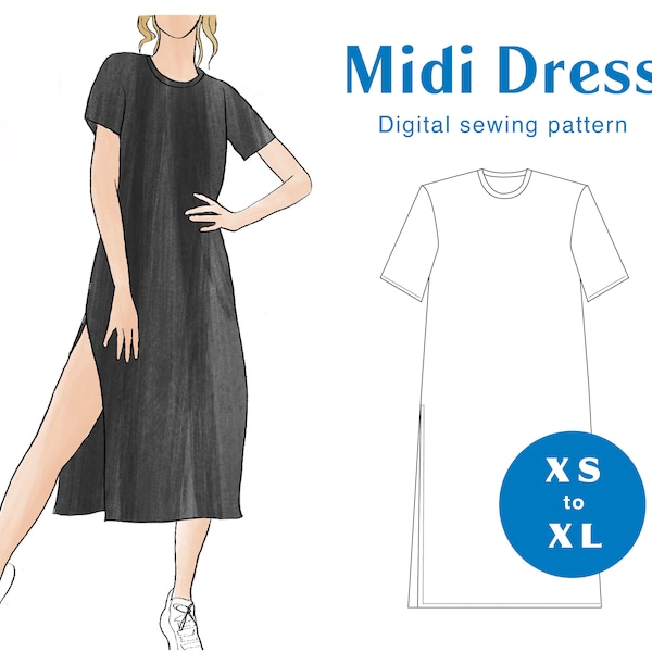 T-Shirt Dress Sewing Pattern - XS-XL - PDF Instant Download - Women's Loose Boxy T-shirt Midi Dress | Side Slit Dress