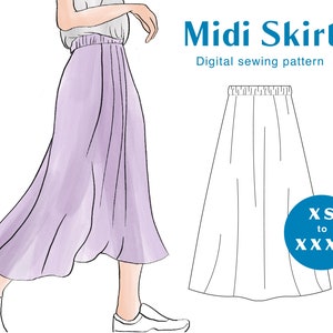 Midi Skirt Sewing Pattern - XS-XXXL - PDF Instant Download - Women's Elastic Waistband Skirt