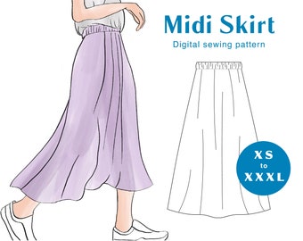 Midi Skirt Sewing Pattern - XS-XXXL - PDF Instant Download - Women's Elastic Waistband Skirt