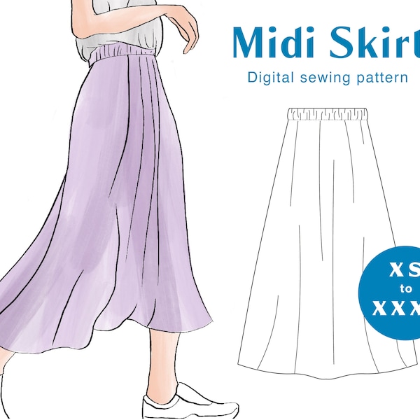 Midi Skirt Sewing Pattern - XS-XXXL - PDF Instant Download - Women's Elastic Waistband Skirt