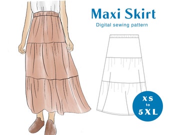 Skirt Sewing Pattern - XS-XXXL - PDF Instant Download - Women's Elastic Waistband Gathered Tiered Summer Skirt
