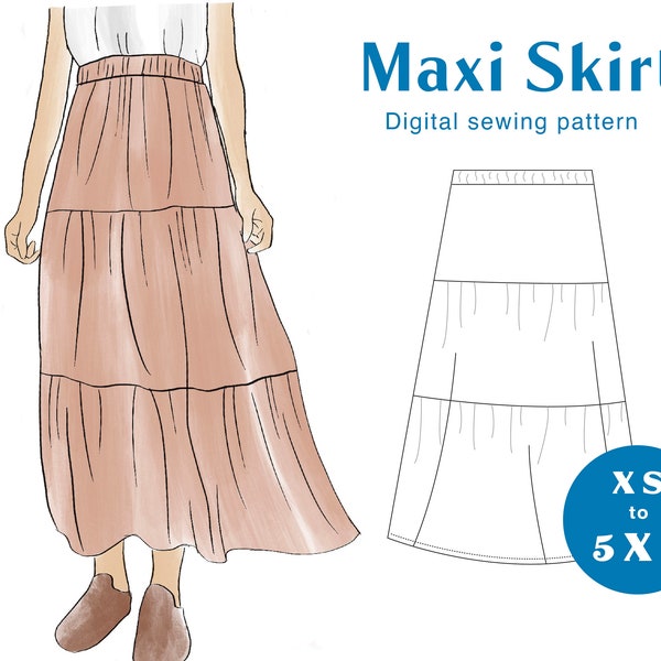 Skirt Sewing Pattern - XS-XXXL - PDF Instant Download - Women's Elastic Waistband Gathered Tiered Summer Skirt