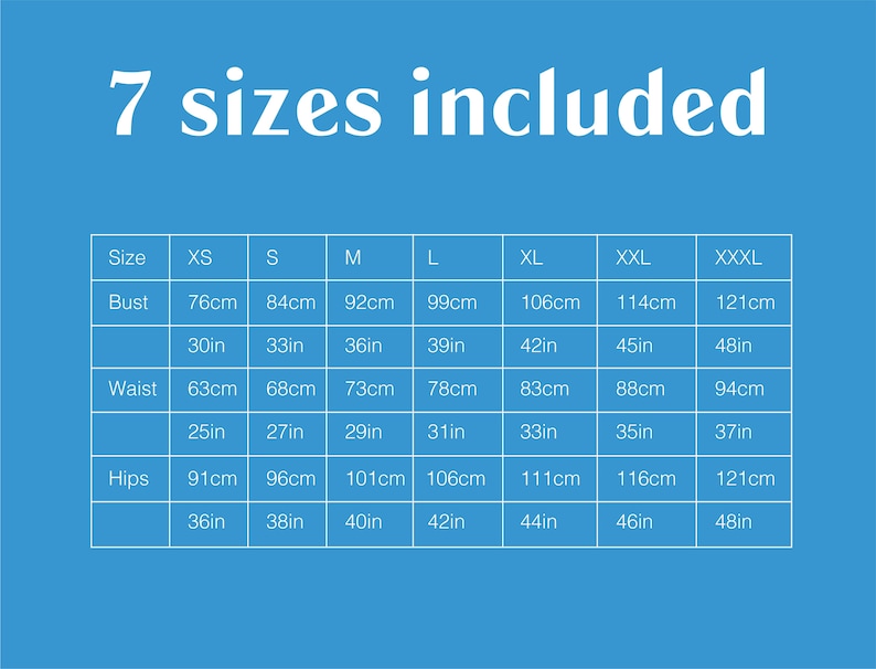 K&ouml;nnte beinhalten: Eine Tabelle mit sieben verschiedenen Kleidergr&ouml;&szlig;en mit Ma&szlig;en in Zoll und Zentimetern. Die Gr&ouml;&szlig;en sind XS, S, M, L, XL, XXL und XXXL. Die Ma&szlig;e gelten f&uuml;r Brust, Taille und H&uuml;fte.