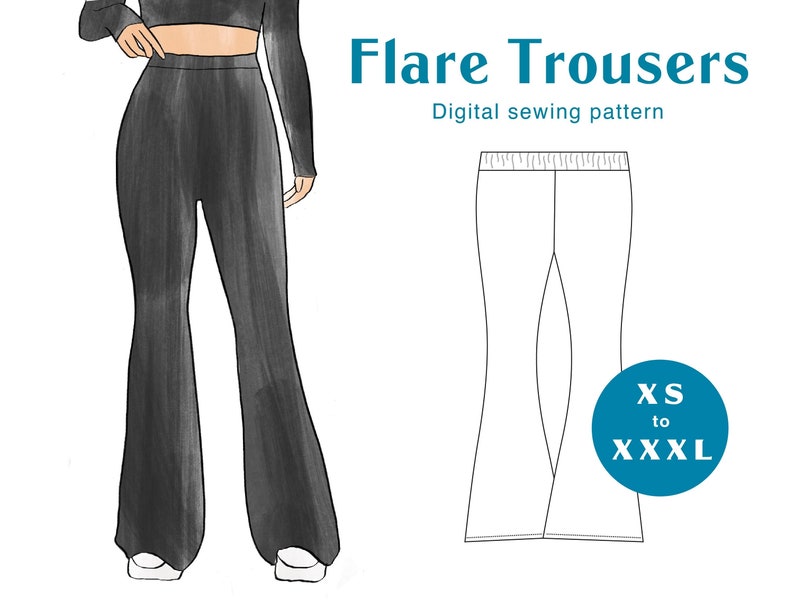 Flare Trouser Sewing Pattern XS-XXXL PDF Instant Download Fitted High Rise Pant Flare Leg image 1