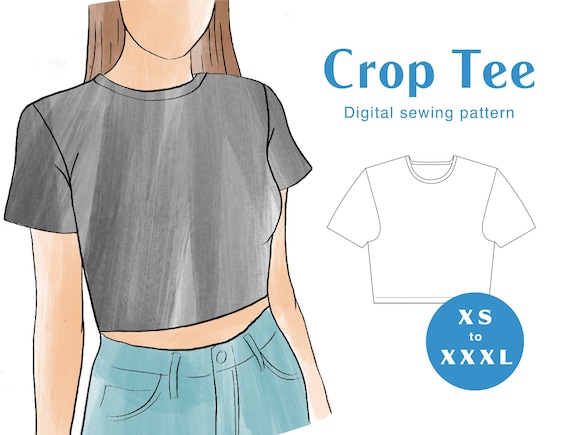 Crop Tee Sewing Pattern - XS-XXXL - PDF Instant Download - Fitted T-shirt Women's Crop Top