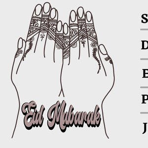 May include: A black and white line drawing of two hands with henna designs on the fingers, raised in prayer. The text "Eid Mubarak" is written in a stylized font below the hands.