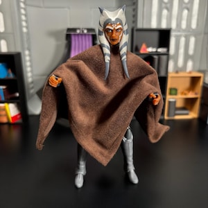 May include: A brown hooded cloak with a gray and white patterned trim. The cloak is worn by a figure with gray and white patterned headwear and a brown face.