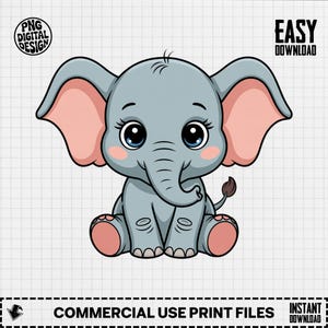 Baby Elephant Clipart, Cute Baby Animal Clipart, Baby Nursery Clipart, Jungle Safari, Baby Shower Clipart, Baby Elephant Png Digital
