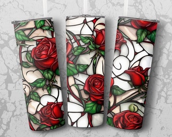 Roses Stained Glass 20 oz Skinny Tumbler Sublimation Design, Straight & Tapered Wrap, Tumbler Wrap, Tumbler Png, Instant Download