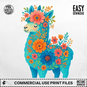 Floral Llama PNG, Llama Clipart, Boho Llama, Flower Crown Png, Sublimation Png, Digital Download, Cute Animal Png