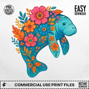 Manatee Png, Floral Manatee, Sea Cow Clipart, Flower Png, Boho Manatee, Sublimation Png, Digital Download Png, Digital