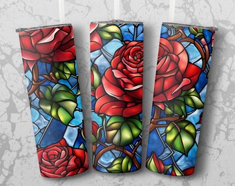 Roses Stained Glass 20 oz Skinny Tumbler Sublimation Design, Straight & Tapered Wrap, Tumbler Wrap, Tumbler Png, Instant Download