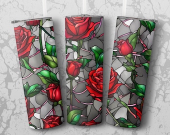 Roses Stained Glass 20 oz Skinny Tumbler Sublimation Design, Straight & Tapered Wrap, Tumbler Wrap, Tumbler Png, Instant Download
