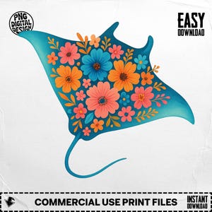Floral Stingray PNG, Stingray Clipart, Boho Stingray, Ocean Png, Sublimation Png, Digital Download