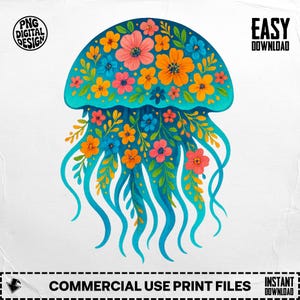 Jellyfish Png, Floral Jellyfish, Sea Life Png, Ocean Png, Boho Jellyfish, Sublimation Png, Digital Download Png