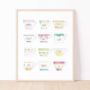 Watercolor Teacups Art Print | Floral Kitchen Art | Vintage Teacup Painting | Floral Watercolor Tea Art Print | Colorful Kitchen Art