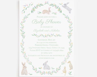 Bunnies And Ducklings Watercolor Invitations For Baby Shower, Gender Reveal Party | Cute Printed Baby Shower Invitations
