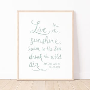 May include: A framed print featuring the quote "Live in the sunshine, swim in the sea, drink the wild air" by Ralph Waldo Emerson in light blue script. The frame is light wood, set against a white background.
