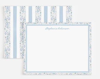 Personalized Stationery With Blue Floral Stripes And Watercolor Floral Border | Set Of Personalized Blue Striped Watercolor Note Cards