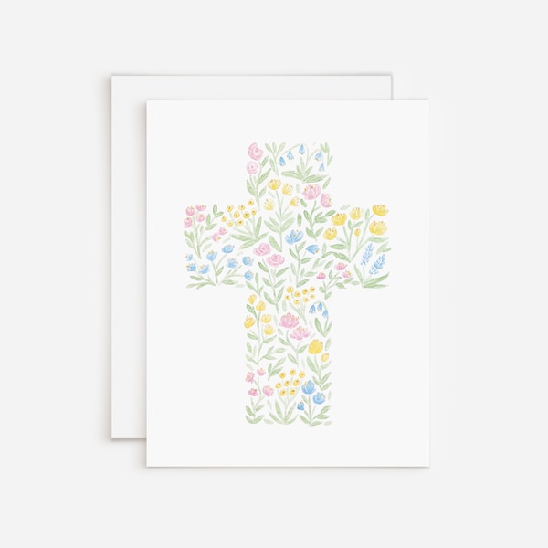 Floral Cross Christian Greeting Card In Pastel Watercolors For Easter, Baptism, First Communion Or Confirmation | Religious Celebration Card