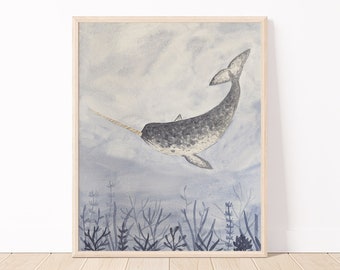 Narwhal Watercolor Art Print | 11x14 Sea Life Print | Whale Nursery Art | Nautical Wall Art