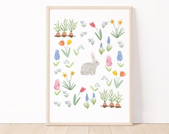 Spring Bunny 11x14 Watercolor Art Print With Bright Flowers
