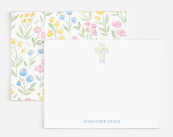 Floral Cross Personalized Stationery | Set Of Custom Flat Cards With Pastel Watercolor Flowers